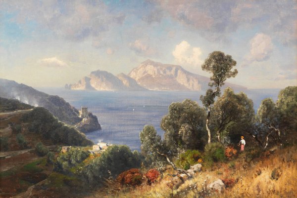 Italienische Kustenlandschaft mit Blick auf Capri  by Ascan Lutteroth - Hand-Painted Oil Painting Reproduction