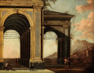 Portico With Loggia By The Sea, With Boats And Figures by Ascanio Luciani Oil Painting