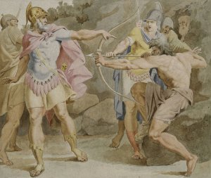 Philoctetes aiming the bow of Hercules at Odysseus by Asmus Jacob Carstens Oil Painting