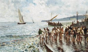 Drawing in the nets by Attilio Pratella Oil Painting