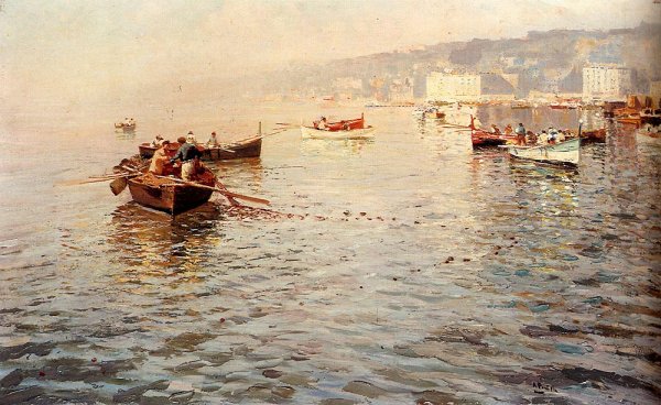 Fishing Vessels Off A Coast by Attilio Pratella - Hand-Painted Oil Painting Reproduction