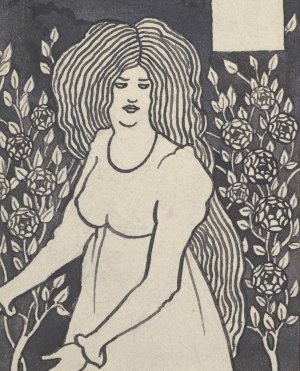 Long-haired Woman in Front of Tall Rosebushes by Aubrey Vincent Beardsley Oil Painting