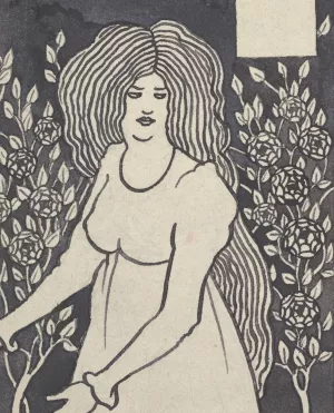 Long-haired Woman in Front of Tall Rosebushes by Aubrey Vincent Beardsley Oil Painting