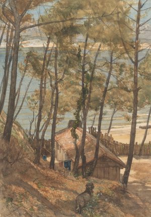 Gezicht vanaf een heuvel op een huisje aan de golf van Arcachon by August Allebe Oil Painting