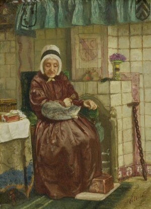 Old Woman by the Fireplace by August Allebe Oil Painting