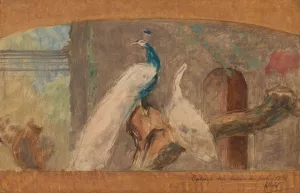 Ontwerp voor een dessus-de-porte; tak met pauw en andere vogels Oil painting by August Allebe