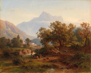 Region In South Tyrol-landscape In The Morning Light by August Behrendsen Oil Painting