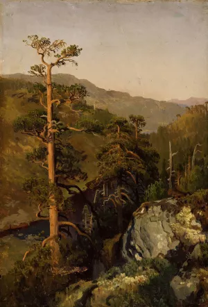 Rocky Landscape with Pinetrees by August Cappelen Oil Painting