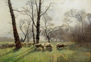 Shepherd With His Flock In The Evening Light by August Fink Oil Painting