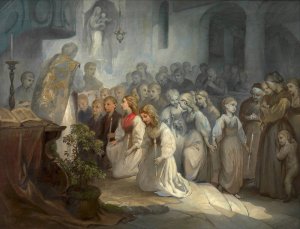 Erste heilige Kommunion by August Fischbach Oil Painting