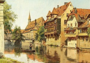 En mand i en bad i en tysk by by August Fischer Oil Painting