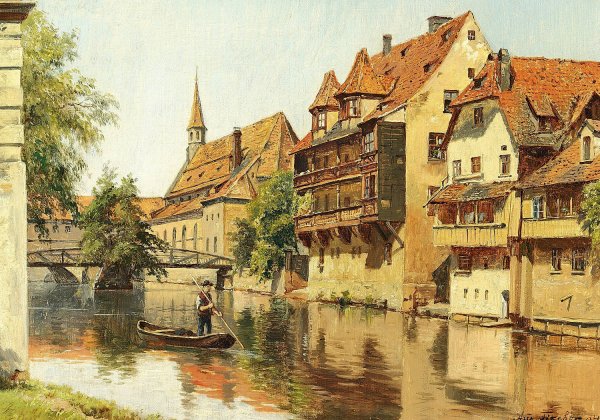 En mand i en bad i en tysk by  by August Fischer - Hand-Painted Oil Painting Reproduction