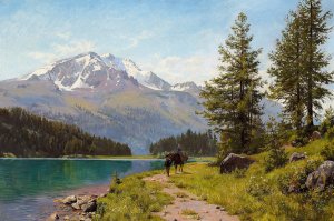 En sommerdag ved Silssoen i Schweiz by August Fischer Oil Painting