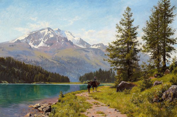 En sommerdag ved Silssoen i Schweiz  by August Fischer - Hand-Painted Oil Painting Reproduction