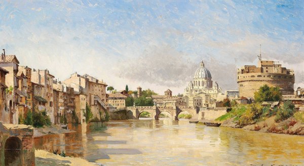 Udsigt over Tiberen mod Engelsborg og Peterskirken  by August Fischer - Hand-Painted Oil Painting Reproduction