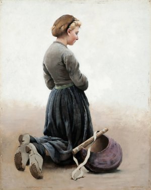 Girl kneeling by August Hagborg Oil Painting