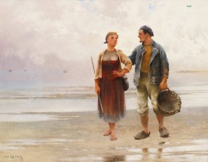 Reflections On The Beach by August Hagborg Oil Painting