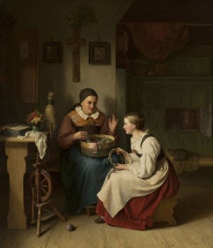 Grandmother with her granddaughter by August Heinrich Niedmann Oil Painting