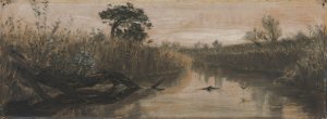 De hoje Ror med de svaje, blode Duske, og de Siv (…), og de krogede Ellestammer og Buskene langs Aaen by August Jerndorff Oil Painting