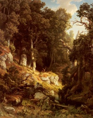 A Deer in a Woodland Clearing by August Kessler Oil Painting