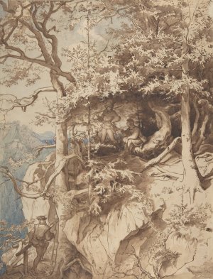 Hunters in an Outlook on a Mountain by August Leopold Venus Oil Painting