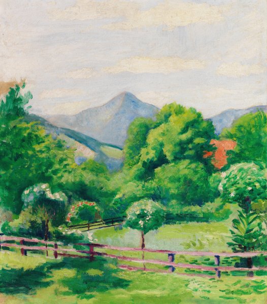 Main Product Photo of Garten in Tegernsee mit Haus und Berg  Painting by August Macke