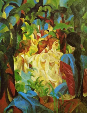Girls Bathing with Town in Background Oil painting by August Macke