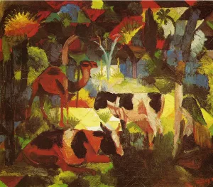 Landscape with Cows and Camel by August Macke Oil Painting