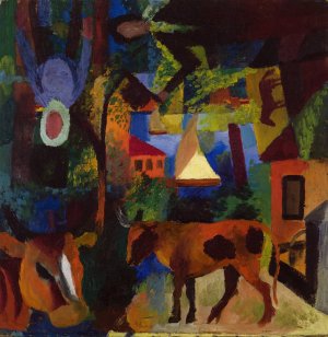Landscape with Cows, Sailboat, and Figures by August Macke Oil Painting