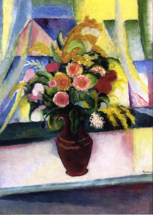 Still Life - Colourful Bunch of Flowers in Front of a Window by August Macke Oil Painting