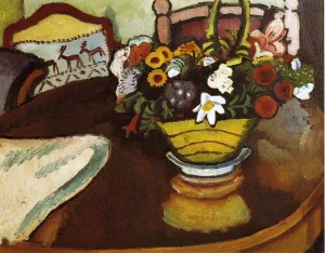 Still Life with Stag Cushion and Flowers by August Macke - Oil Painting Reproduction