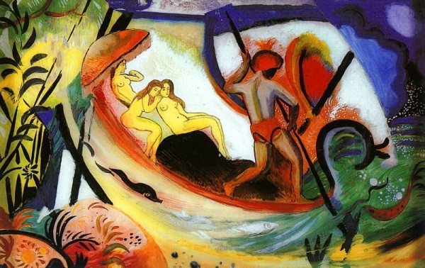 Three Girls in a Barque by August Macke - Hand-Painted Oil Painting Reproduction