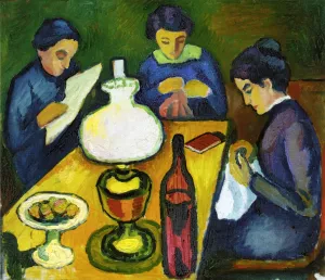 Three Women at the Table by the Lamp painting by August Macke