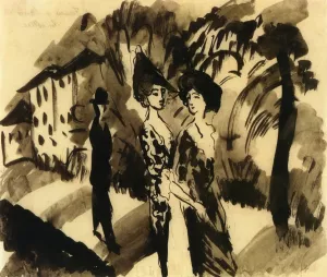 Two Women and an Man on an Avenue by August Macke Oil Painting
