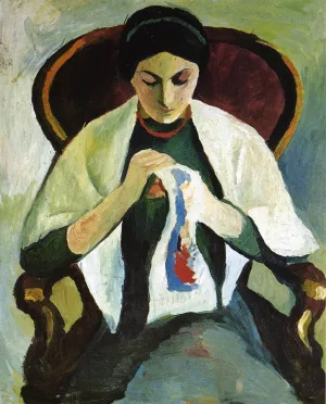 Woman Embroidering in an Armchair: Portrait of the Artist's Wife by August Macke - Oil Painting Reproduction