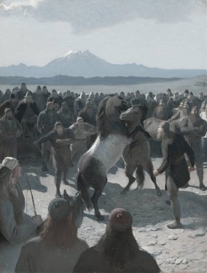 The Horse-Fight at Hlidarendi by August Malmstrom Oil Painting