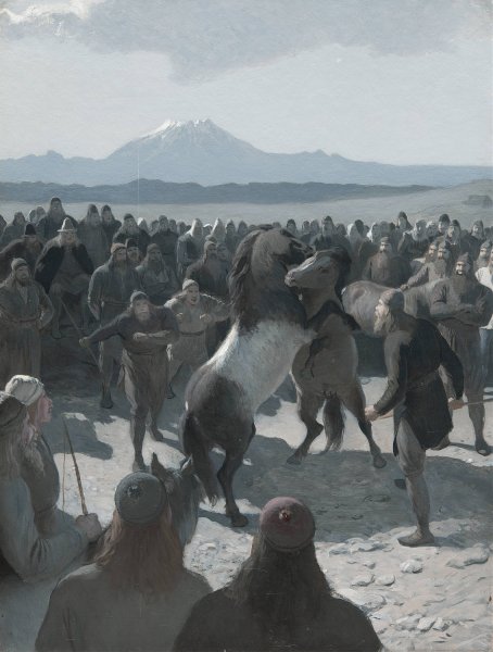 The Horse-Fight at Hlidarendi by August Malmstrom - Hand-Painted Oil Painting Reproduction
