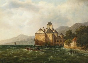 A View of Chillon Castle on Lake Geneva by August Piepenhagen Oil Painting