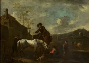 Watering the horses by August Querfurt Oil Painting
