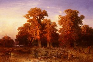 Sunset in a Hungarian Forest by August Schaeffer Oil Painting