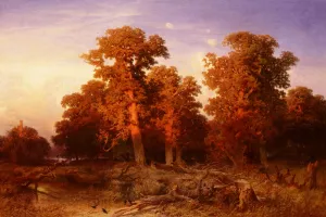 Sunset in a Hungarian Forest by August Schaeffer Oil Painting