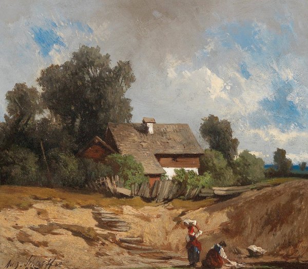 Main Product Photo of Washerwomen by the River Painting by August Schaeffer Von Wienwald
