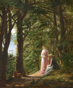 To kvinder og en hund pa en skovsti med udsigt mod havet en sommerdag Oil painting by August Schiott