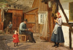 Ung pige i samtale med en fisker, der boder garn uden for et hus by August Schiott Oil Painting