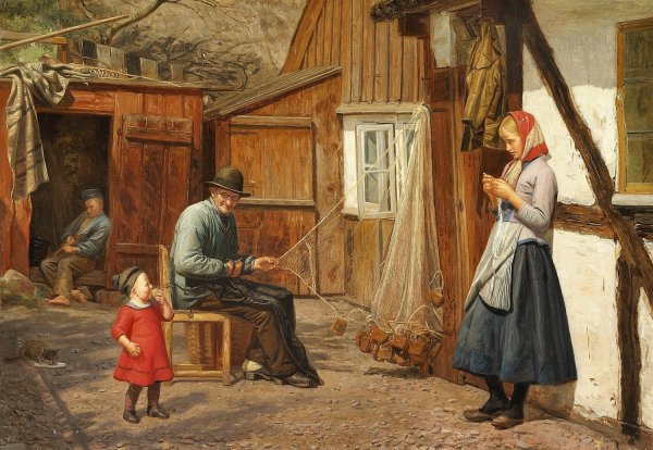 Ung pige i samtale med en fisker, der boder garn uden for et hus by August Schiott - Hand-Painted Oil Painting Reproduction