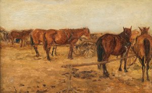 Ausgespannte Pferde und Wagen by August Von Pettenkofen Oil Painting