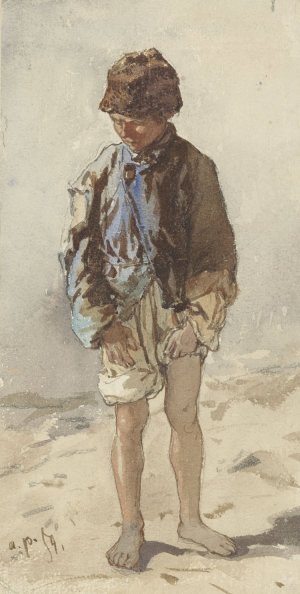 Hongaarse jongen, staande en face, blootsvoets en met een pelsmuts op by August Von Pettenkofen Oil Painting