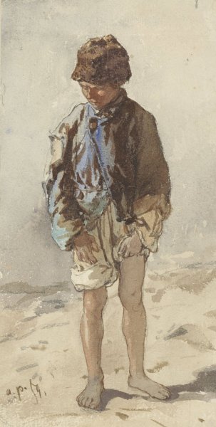 Main Product Photo of Hongaarse jongen, staande en face, blootsvoets en met een pelsmuts op  Painting by August Von Pettenkofen