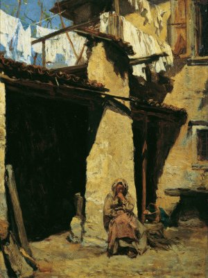 Neapolitanisches Bauernhaus mit Bauerin by August Von Pettenkofen Oil Painting