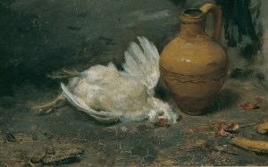 Stillleben mit totem Huhn und Krug by August Von Pettenkofen Oil Painting